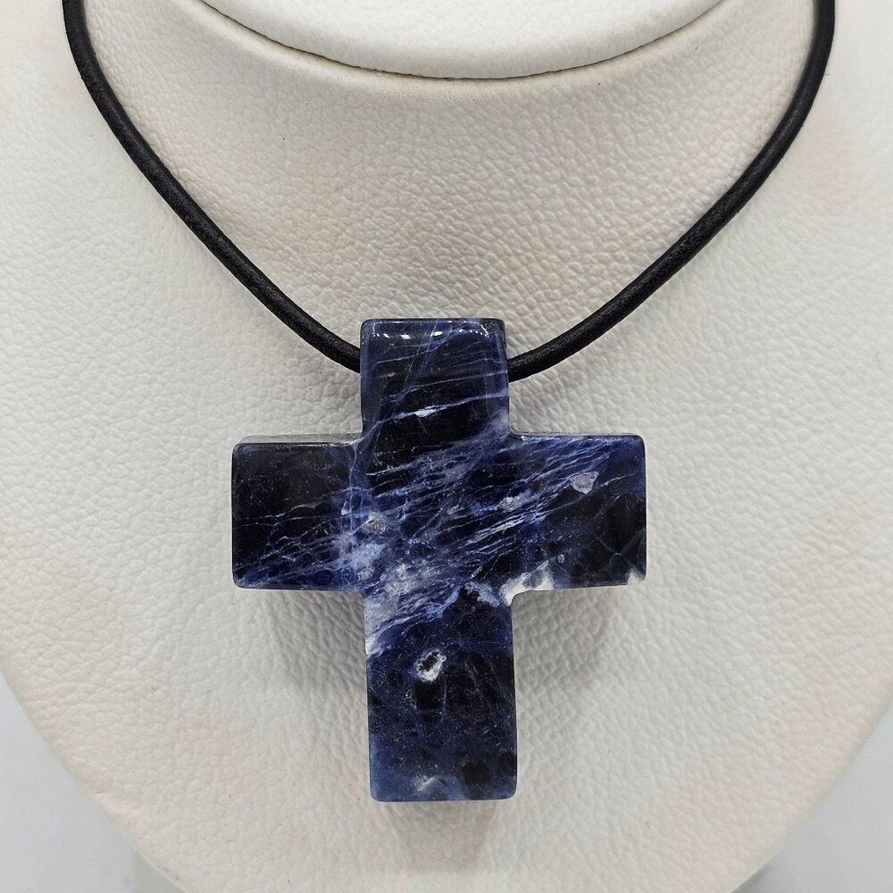 Jay King DTR 925 Silver Huge Chunky Sodalite Crucifix Natural Stone Adjustable